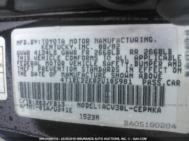 4T1BE32K02U105901 - 2002 TOYOTA CAMRY LE/XLE/SE შავი ფოტო 9