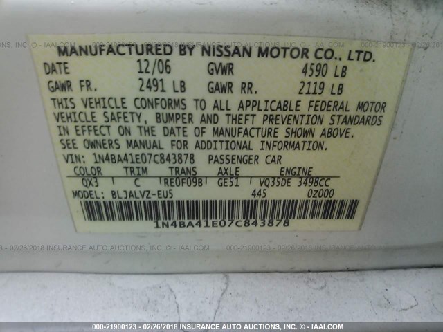 1N4BA41E07C843878 - 2007 NISSAN MAXIMA SE/SL WHITE photo 9