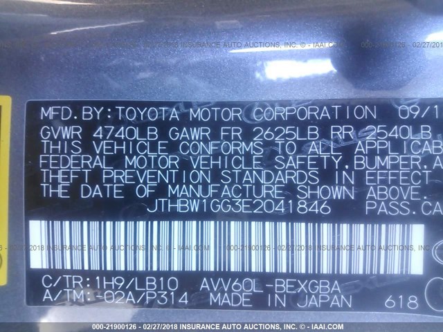 JTHBW1GG3E2041846 - 2014 LEXUS ES 300H GRAY photo 9