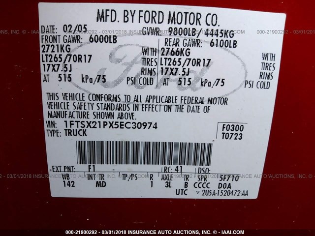 1FTSX21PX5EC30974 - 2005 FORD F250 SUPER DUTY RED photo 9