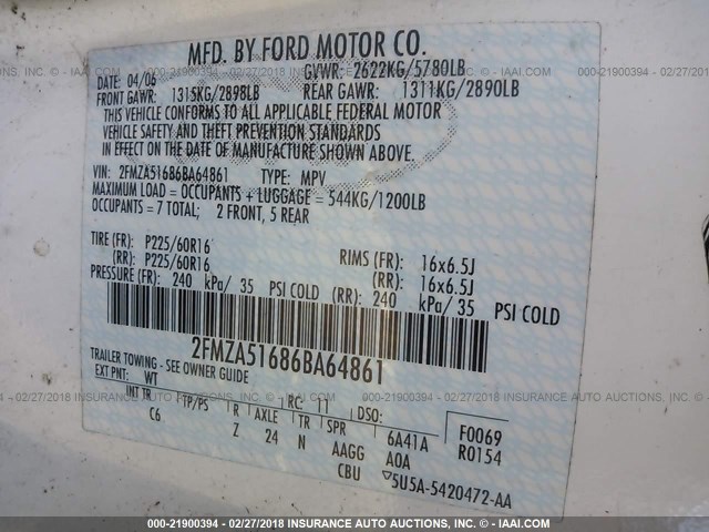 2FMZA51686BA64861 - 2006 FORD FREESTAR SE WHITE photo 9