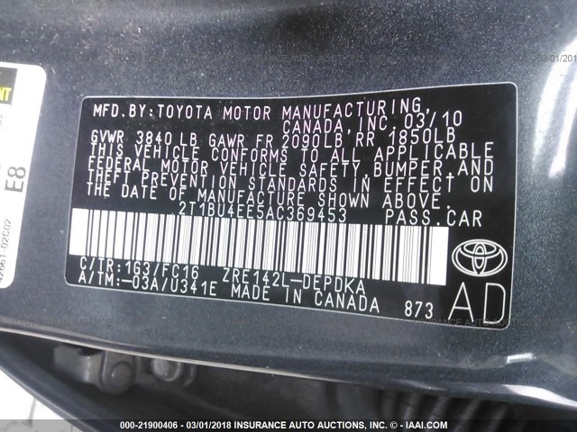 2T1BU4EE5AC369453 - 2010 TOYOTA COROLLA S/LE/XLE GRAY photo 9