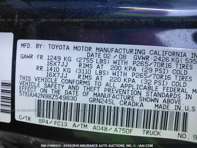 5TEUU42N98Z549830 - 2008 TOYOTA TACOMA ACCESS CAB Көк фото 9