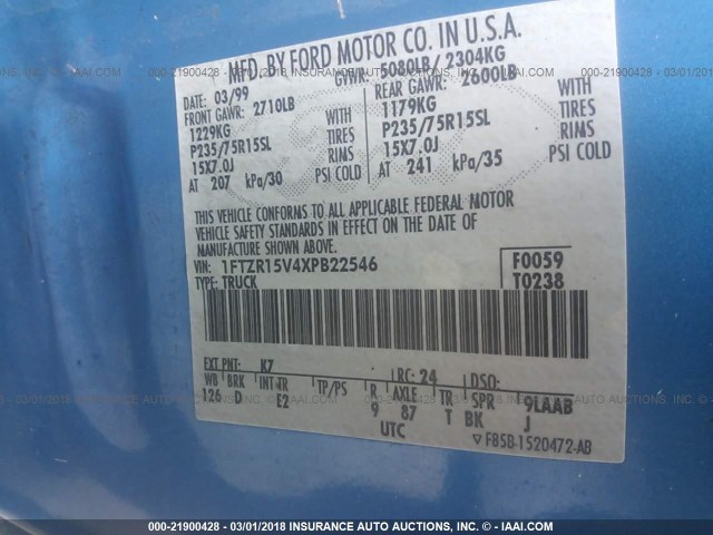 1FTZR15V4XPB22546 - 1999 FORD RANGER SUPER CAB BLUE photo 9