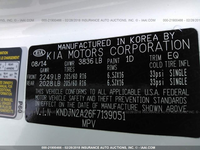 KNDJN2A26F7139051 - 2015 KIA SOUL WHITE photo 9