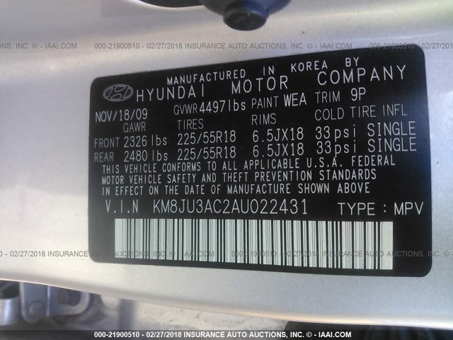 KM8JU3AC2AU022431 - 2010 HYUNDAI TUCSON GLS/LIMITED ვერცხლისფერი ფოტო 9