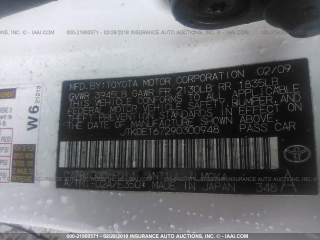 JTKDE167290300948 - 2009 TOYOTA SCION TC 白色 照片 9