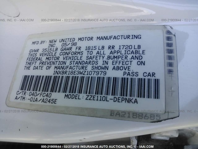 1NXBR18E3WZ107979 - 1998 TOYOTA COROLLA VE/CE/LE 白色 照片 9