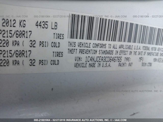 1C4NJCEA3CD646765 - 2012 JEEP COMPASS LATITUDE 白色 照片 9