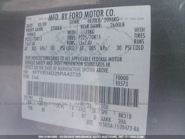 1FTYR14D29PA42735 - 2009 FORD RANGER SUPER CAB GRAY photo 9