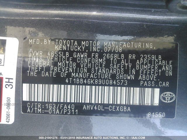 4T1BB46K89U084573 - 2009 TOYOTA CAMRY HYBRID GRAY photo 9