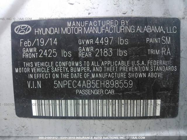 5NPEC4AB5EH898559 - 2014 HYUNDAI SONATA SE/LIMITED SILVER photo 9