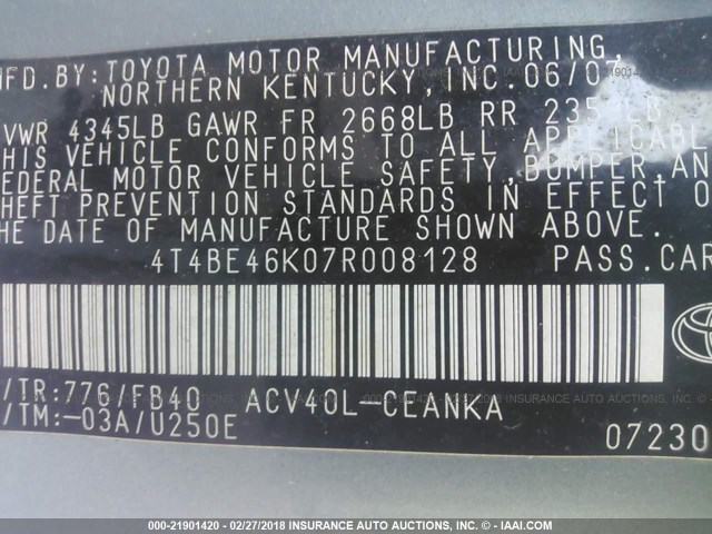 4T4BE46K07R008128 - 2007 TOYOTA CAMRY NEW GENERAT CE/LE/XLE/SE GREEN photo 9