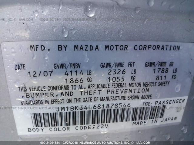 JM1BK34L681878546 - 2008 MAZDA SPEED 3 SILVER photo 9