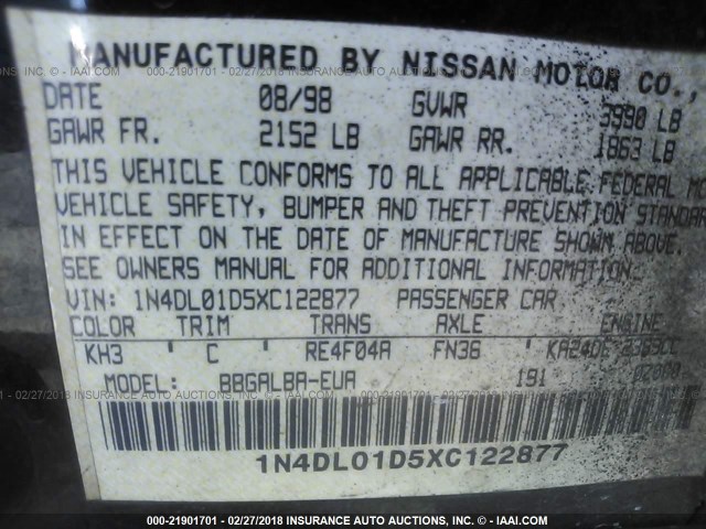 1N4DL01D5XC122877 - 1999 NISSAN ALTIMA XE/GXE/SE/GLE BLACK photo 9