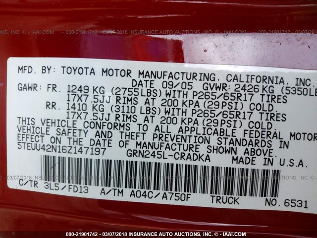 5TEUU42N16Z147197 - 2006 TOYOTA TACOMA ACCESS CAB Կարմիր լուսանկար 9