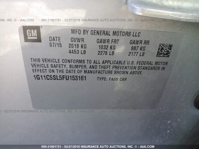 1G11C5SL5FU153161 - 2015 CHEVROLET MALIBU 1LT 银色 照片 9