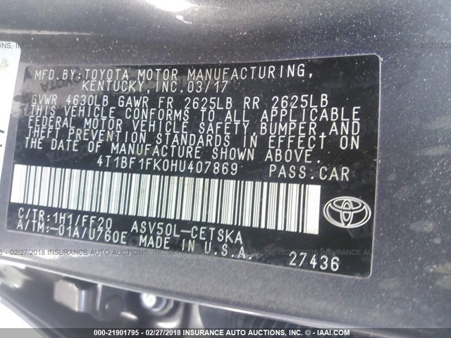 4T1BF1FK0HU407869 - 2017 TOYOTA CAMRY LE/XLE/SE/XSE GRAY photo 9