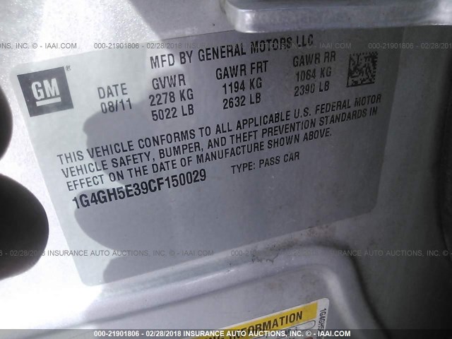 1G4GH5E39CF150029 - 2012 BUICK LACROSSE PREMIUM SILVER photo 9