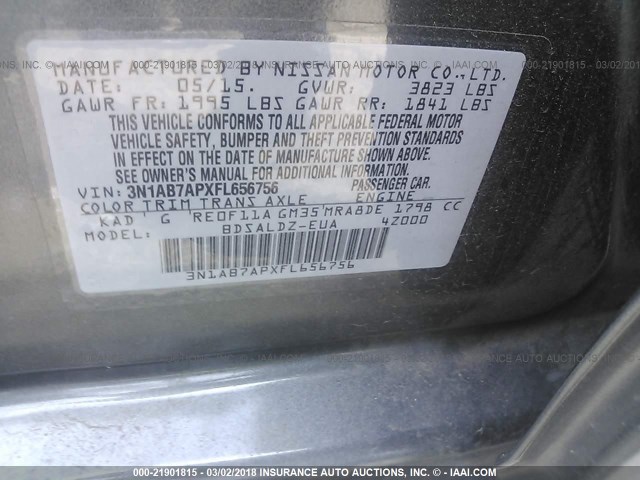 3N1AB7APXFL656756 - 2015 NISSAN SENTRA S/SV/SR/SL GRAY photo 9