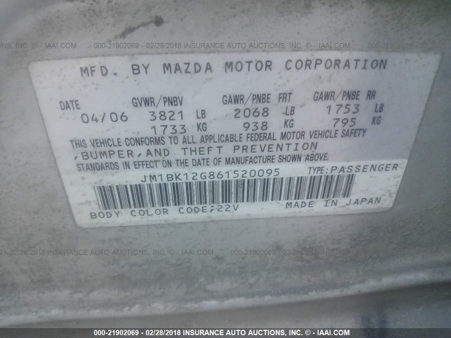 JM1BK12G861520095 - 2006 MAZDA 3 I SILVER photo 9