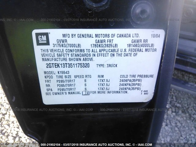 2GTEK13T351175320 - 2005 GMC NEW SIERRA K1500 BLACK photo 9