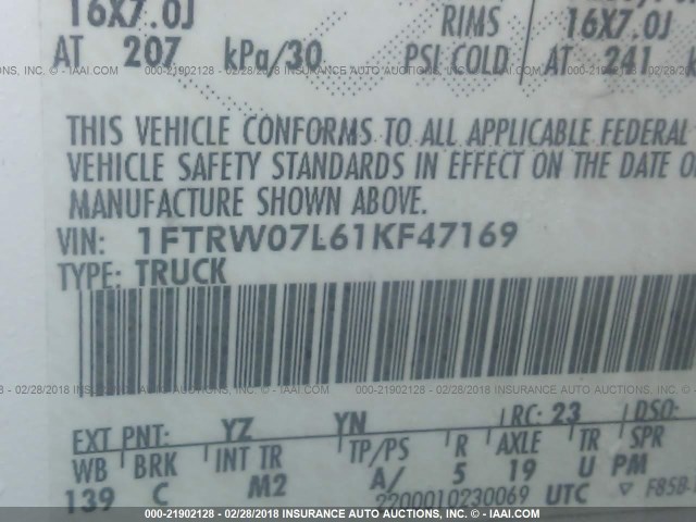 1FTRW07L61KF47169 - 2001 FORD F150 SUPERCREW WHITE photo 9