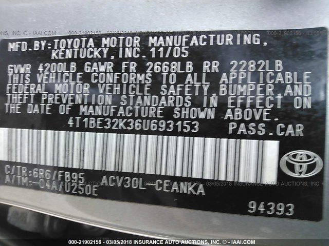 4T1BE32K36U693153 - 2006 TOYOTA CAMRY LE/XLE/SE GRAY photo 9