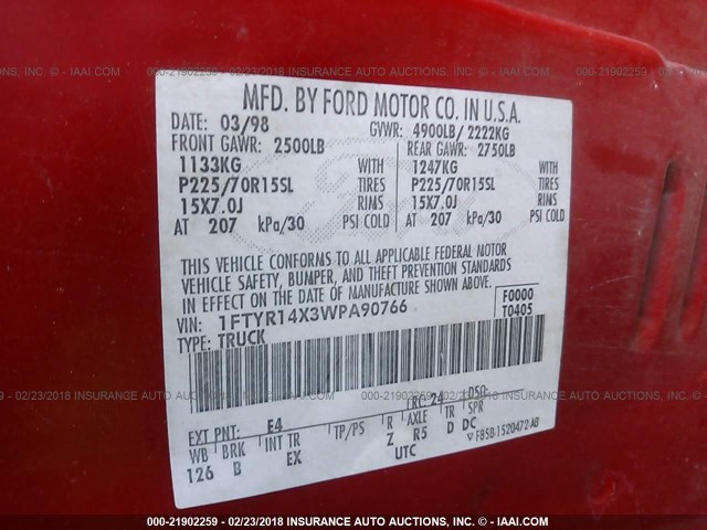 1FTYR14X3WPA90766 - 1998 FORD RANGER SUPER CAB RED photo 9