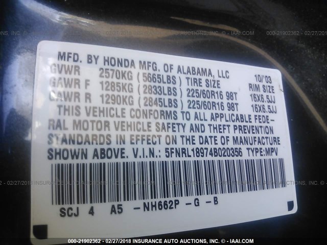 5FNRL18974B020356 - 2004 HONDA ODYSSEY EXL ლურჯი ფოტო 9