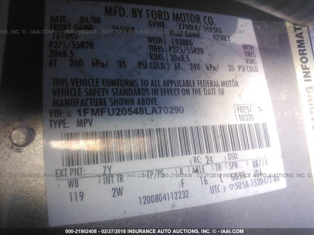 1FMFU20548LA70290 - 2008 FORD EXPEDITION LIMITED GRAY photo 9