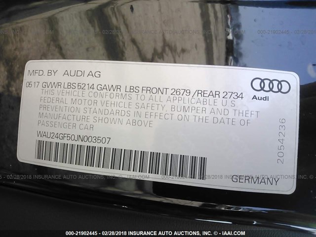 WAU24GF50JN003507 - 2018 AUDI S5 PRESTIGE BLACK photo 9