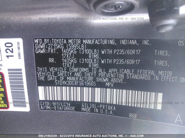 5TDYK3DCXFS619665 - 2015 TOYOTA SIENNA XLE/LIMITED GRAY photo 9