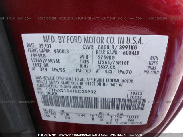 1FTNX21S41ED25932 - 2001 FORD F250 SUPER DUTY RED photo 9