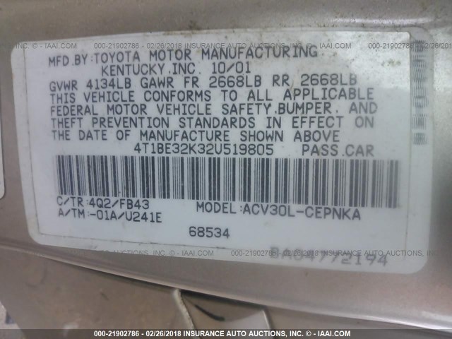 4T1BE32K32U519805 - 2002 TOYOTA CAMRY LE/XLE/SE ოქროსფერი ფოტო 9