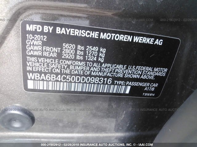 WBA6B4C50DD098316 - 2013 BMW 650 XI GRAY photo 9