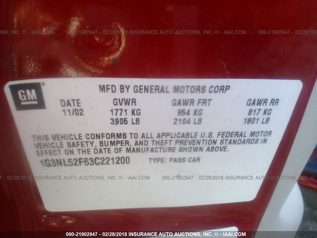 1G3NL52F63C221200 - 2003 OLDSMOBILE ALERO GL RED photo 9