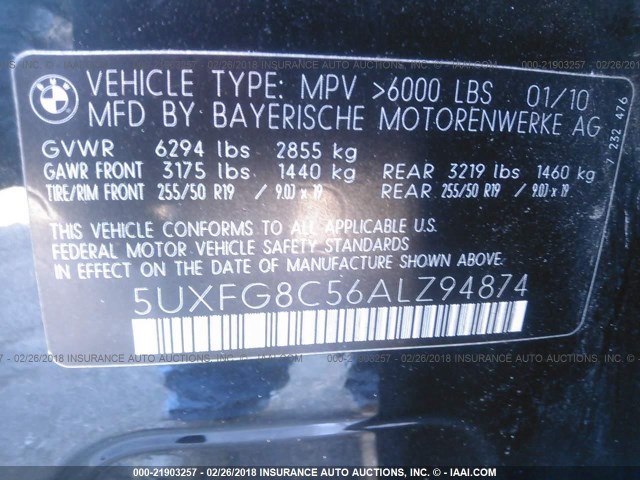 5UXFG8C56ALZ94874 - 2010 BMW X6 XDRIVE50I BLACK photo 9