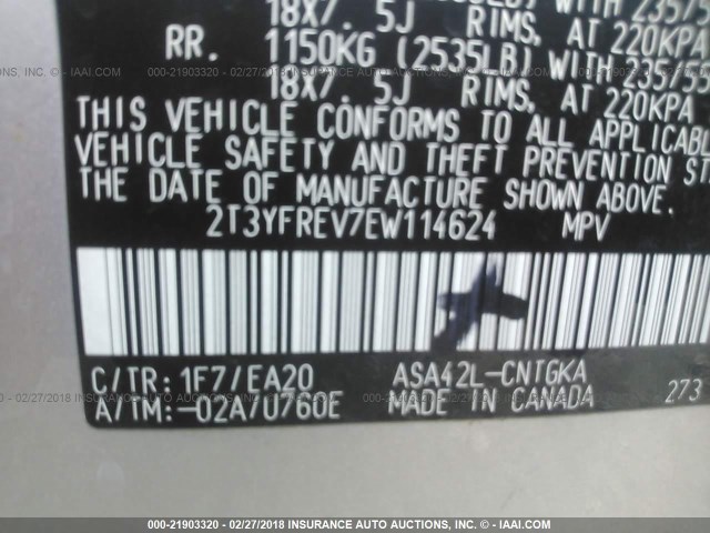 2T3YFREV7EW114624 - 2014 TOYOTA RAV4 LIMITED SILVER photo 9