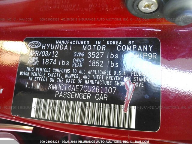 KMHCT4AE7CU261107 - 2012 HYUNDAI ACCENT GLS/GS RED photo 9