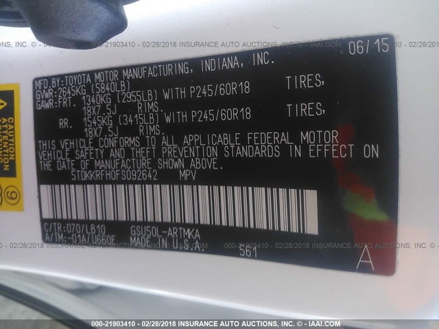 5TDKKRFH0FS092642 - 2015 TOYOTA HIGHLANDER XLE თეთრი ფოტო 9