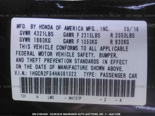 1HGCR2F54HA061022 - 2017 HONDA ACCORD SPORT أسود صورة 9