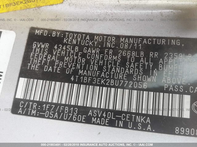 4T1BF3EK2BU772056 - 2011 TOYOTA CAMRY SE/LE/XLE SILVER photo 9