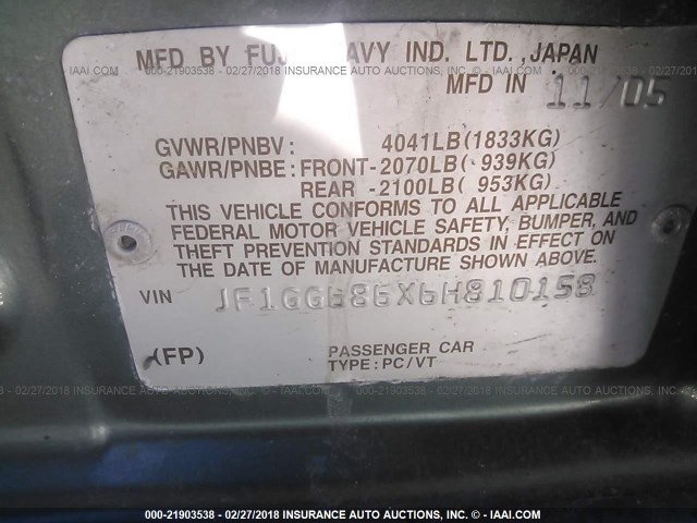 JF1GG686X6H810158 - 2006 SUBARU IMPREZA OUTBACK SPORT/OUTBACK SPC GRAY photo 9