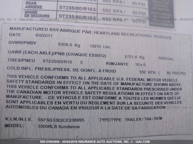 5SFSG3322CE236995 - 2012 HEARTLAND SUNDANCE  BLUE photo 9