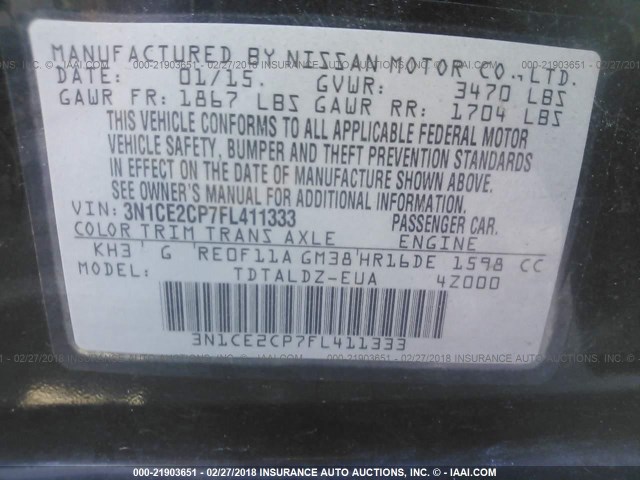 3N1CE2CP7FL411333 - 2015 NISSAN VERSA NOTE S/S PLUS/SV/SL/SR BLACK photo 9