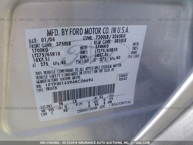 1FTPW14594KC06694 - 2004 FORD F150 SUPERCREW BLACK photo 9