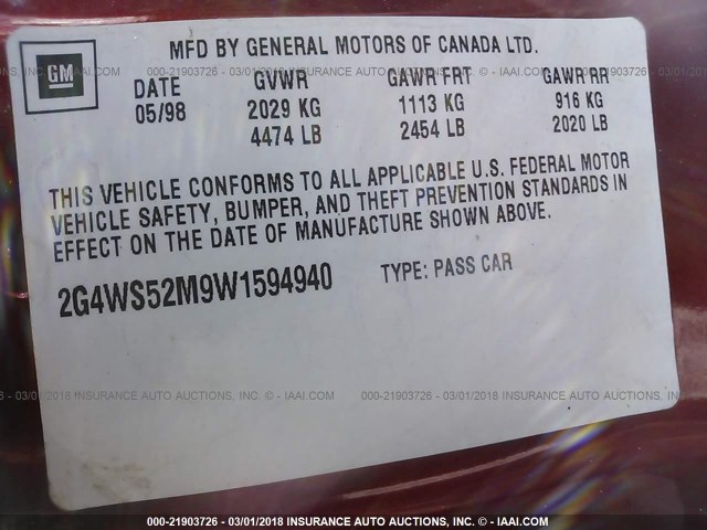 2G4WS52M9W1594940 - 1998 BUICK CENTURY CUSTOM RED photo 9