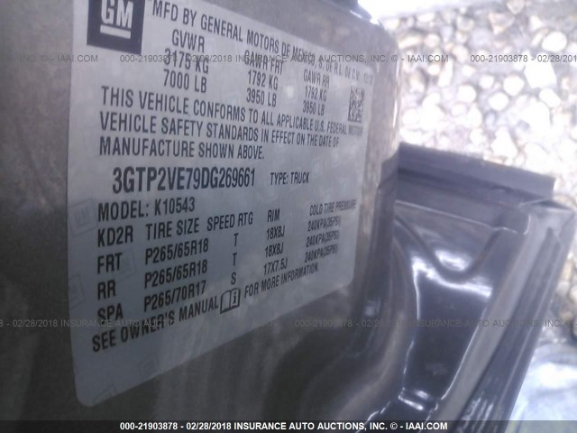 3GTP2VE79DG269661 - 2013 GMC SIERRA K1500 SLE GRAY photo 9