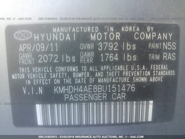 KMHDH4AE8BU151476 - 2011 HYUNDAI ELANTRA GLS/LIMITED GRAY photo 9